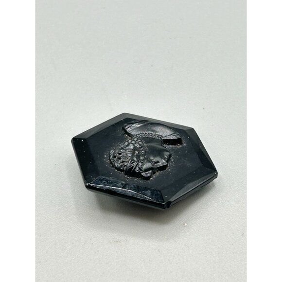 Vintage Black Glass Cameo Pin Brooch Hexagon Left Face Antique Mourning Jewelry - Picture 5 of 8